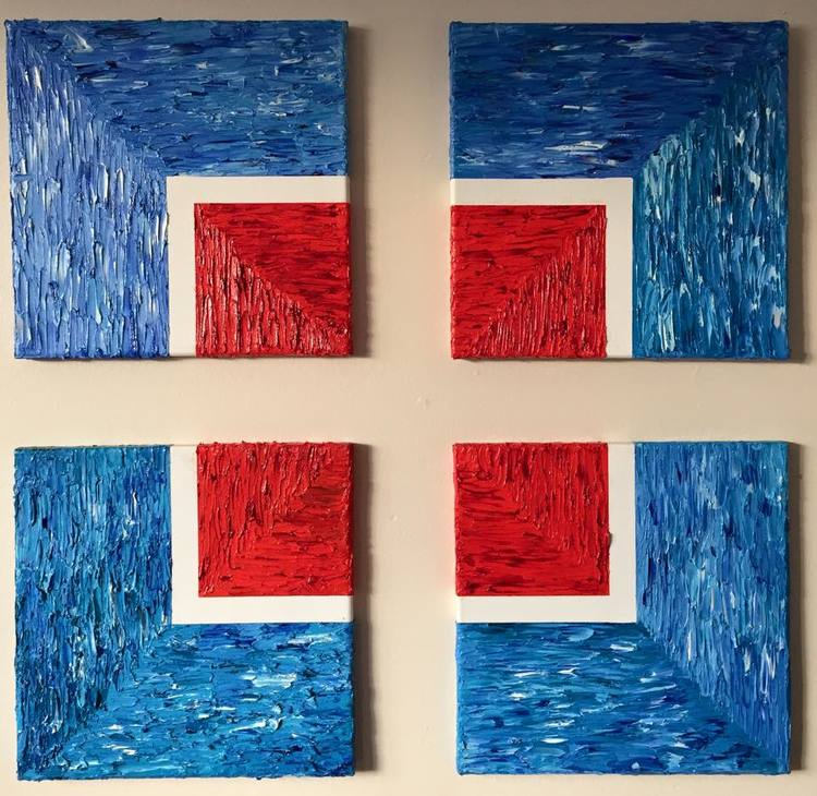 Red Blue Geo, Abstract Original Painting, Oil Painting, Modern, Contemporary on Canvas, Lots of Texture