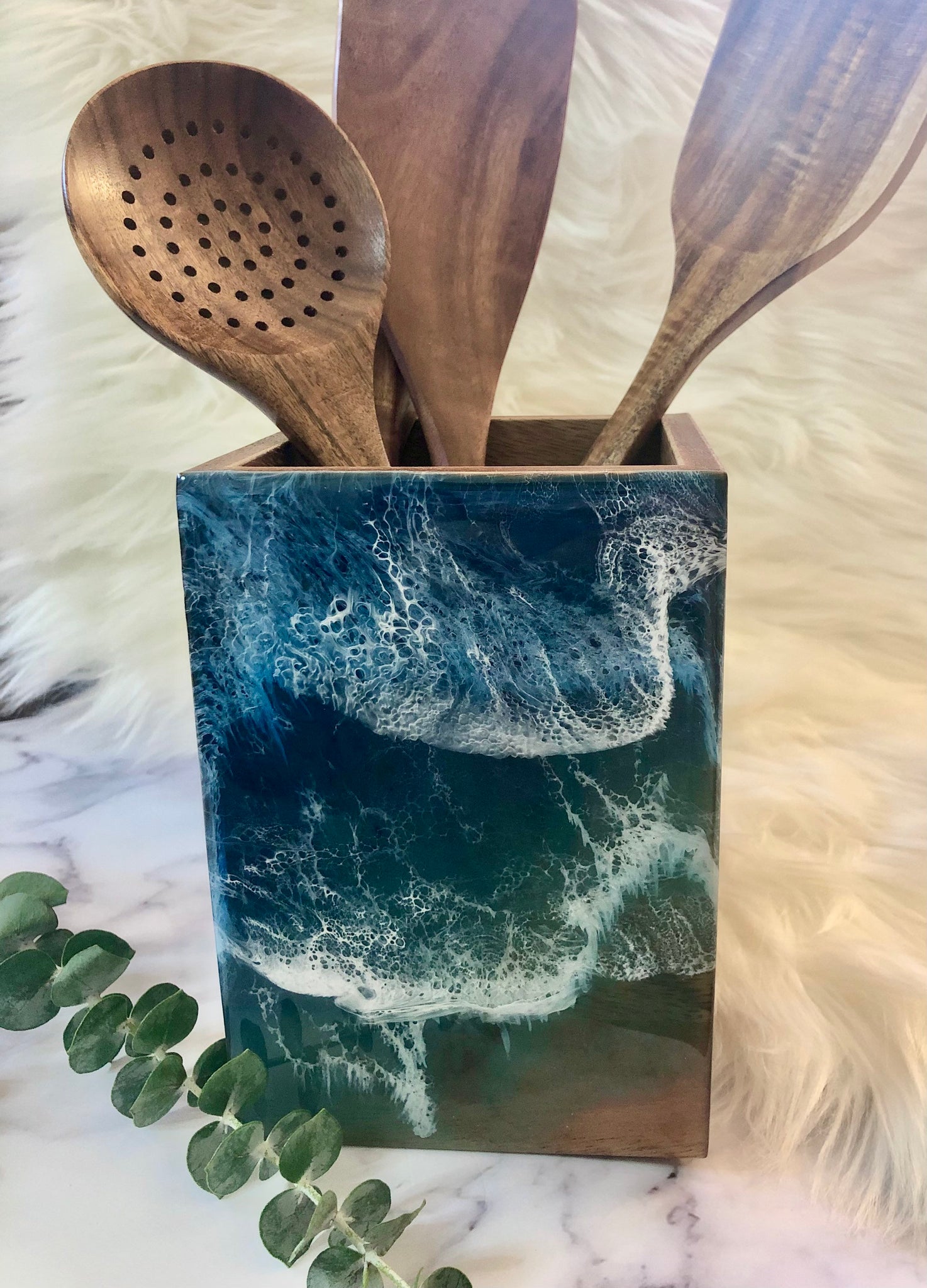Ocean Resin Acacia Wood Utensil Holder