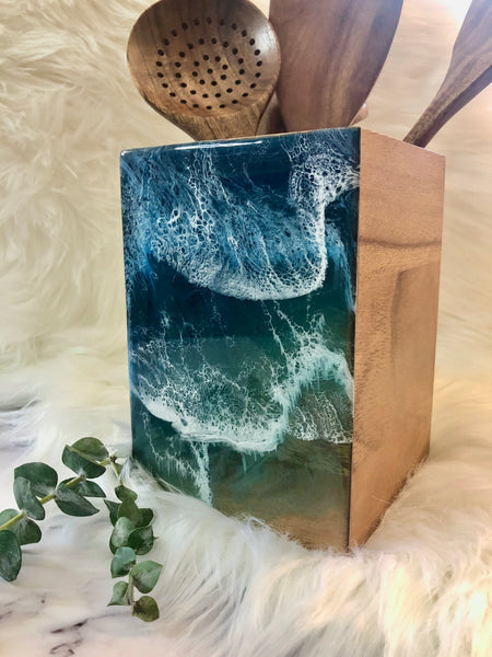 Ocean Resin Acacia Wood Utensil Holder