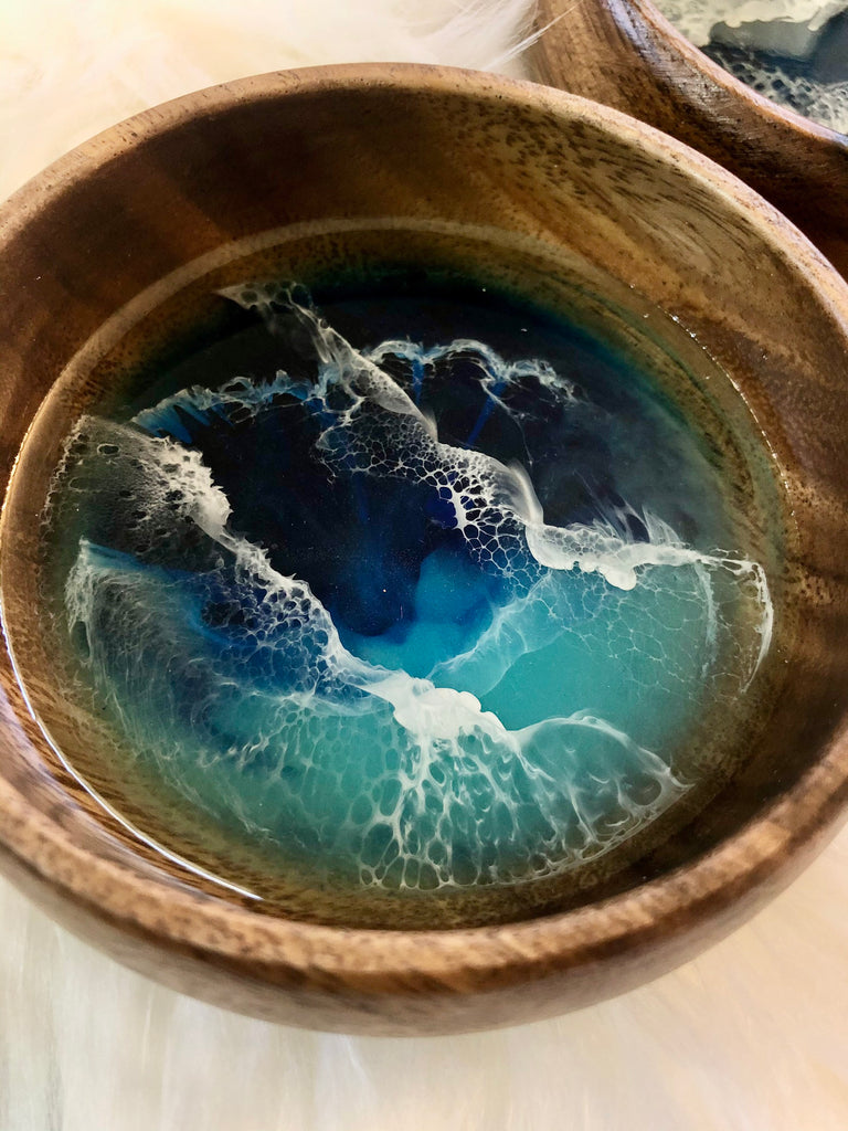 40cm acacia wooden tray with ocean wave style epoxy resin art